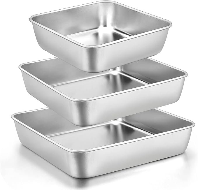 6/8/9-Inch Square Cake Pan Set, E-far Stainless Steel Square Baking Brownie by E-far