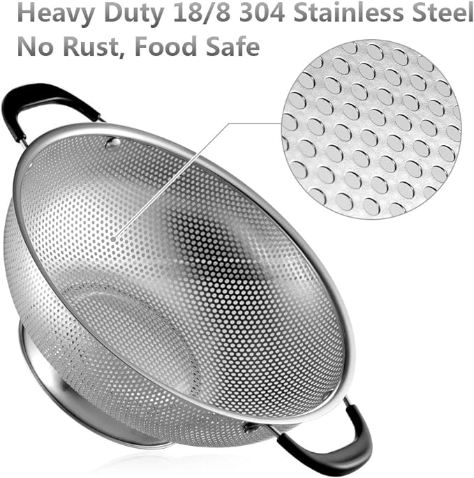 Tiawudi 18/8 Stainless Steel Colander, Easy Grip Micro-Perforated 5-Quart - Image 2