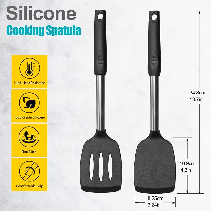 2 Pack Spatulas, Solid & Slotted Silicone Spatula Set, Stainless Steel Handle - Image 2