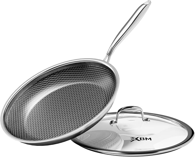 Nonstick Frying Pan with Lid 10-Inch, Durable Stainless Steel Skillet, by XBM
