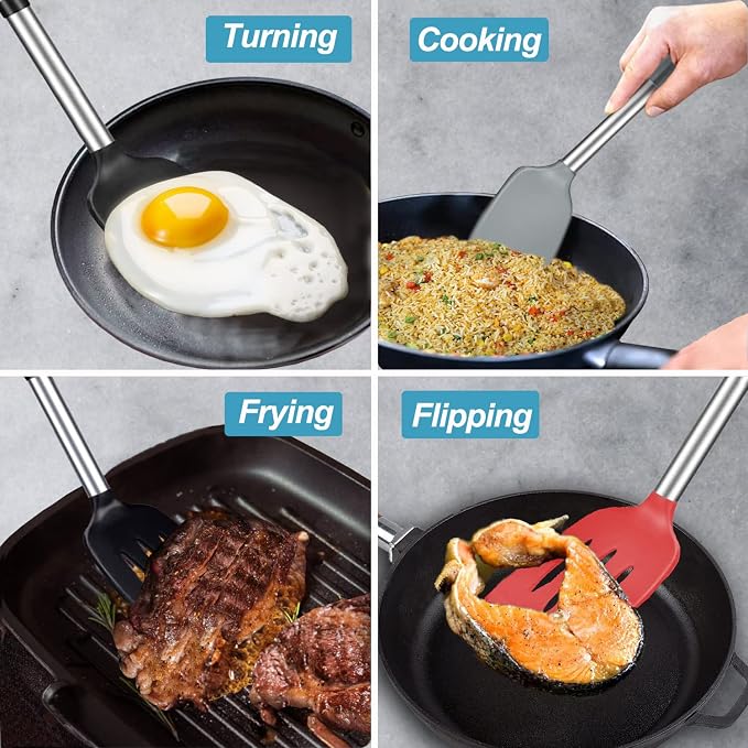 2 Pack Spatulas, Solid & Slotted Silicone Spatula Set, Stainless Steel Handle - Image 8