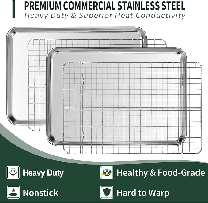 Quarter Sheet Pan with Cooling Rack Set, CEKEE Stainless Steel Cookie Sheets - Image 3