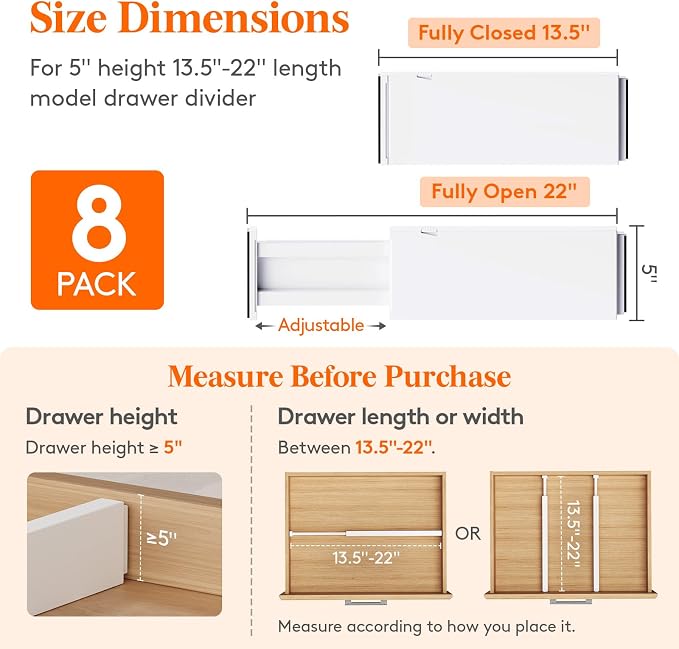 Lifewit 8 Pack 5" High Drawer Dividers 34-56cm/13.5-22" Adjustable Drawer - Image 2