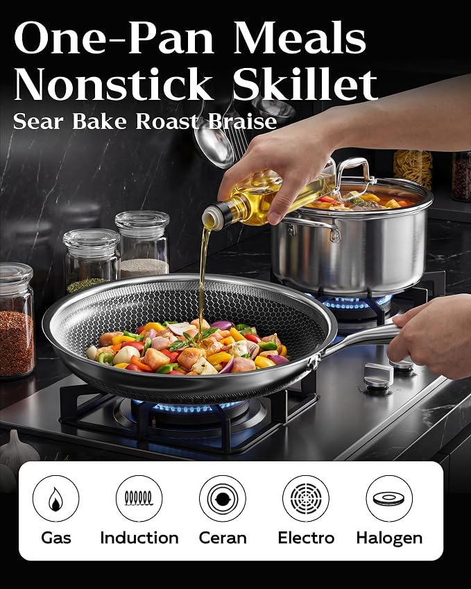 Nonstick Frying Pan Set, 8+10+12 Inch, Honeycomb Stainless Steel Skillet Pans - Image 3